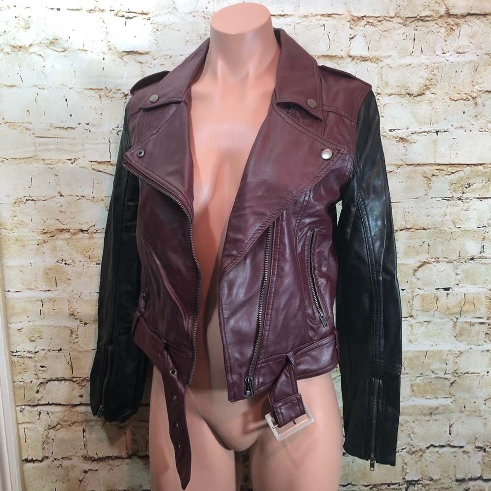 NWOT H&M Burgundy/Black Vegan Leather Biker Jacket